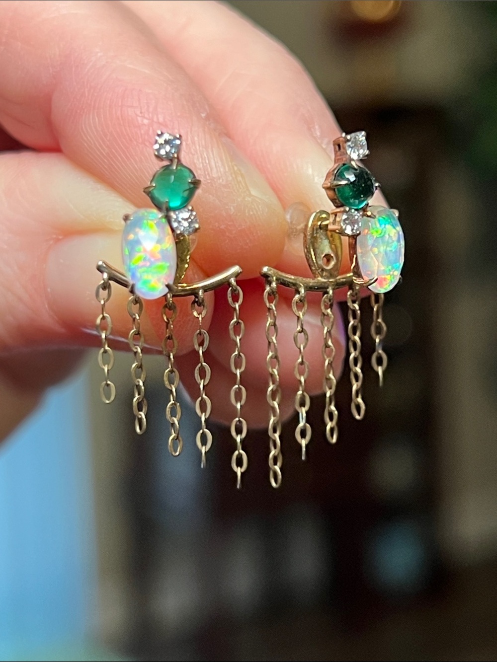 14k Gold Vermeil Sterling Silver Chain Dangle Jacket Opal Green Gem Earrings